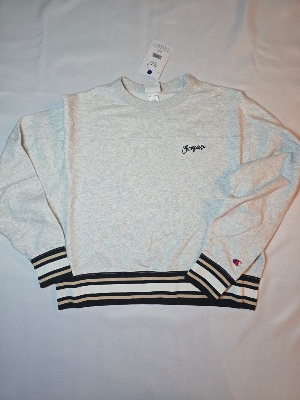 Champion Cropped Crewneck Sweatshirt Embroidered Script Logo Striped Hem